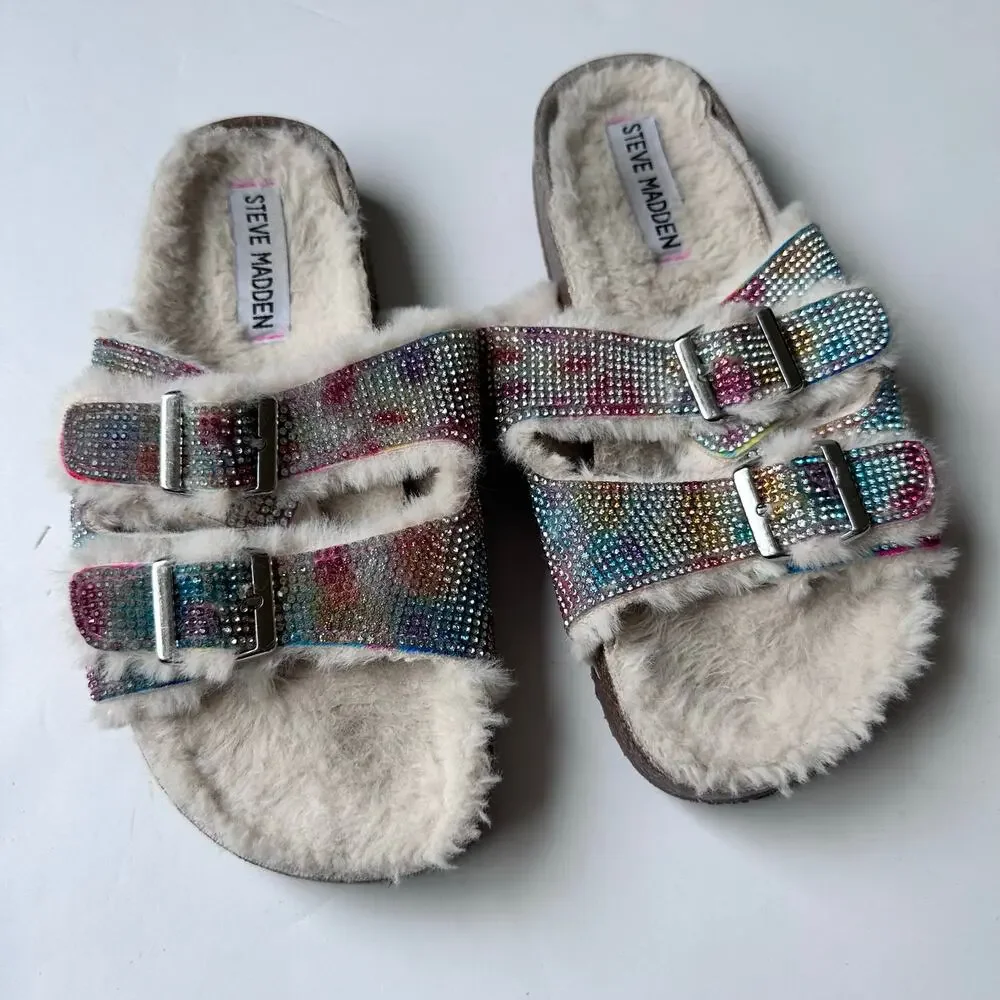 Steve Madden Rhinestone Faux Fur Cozy Sandals Size 8.5